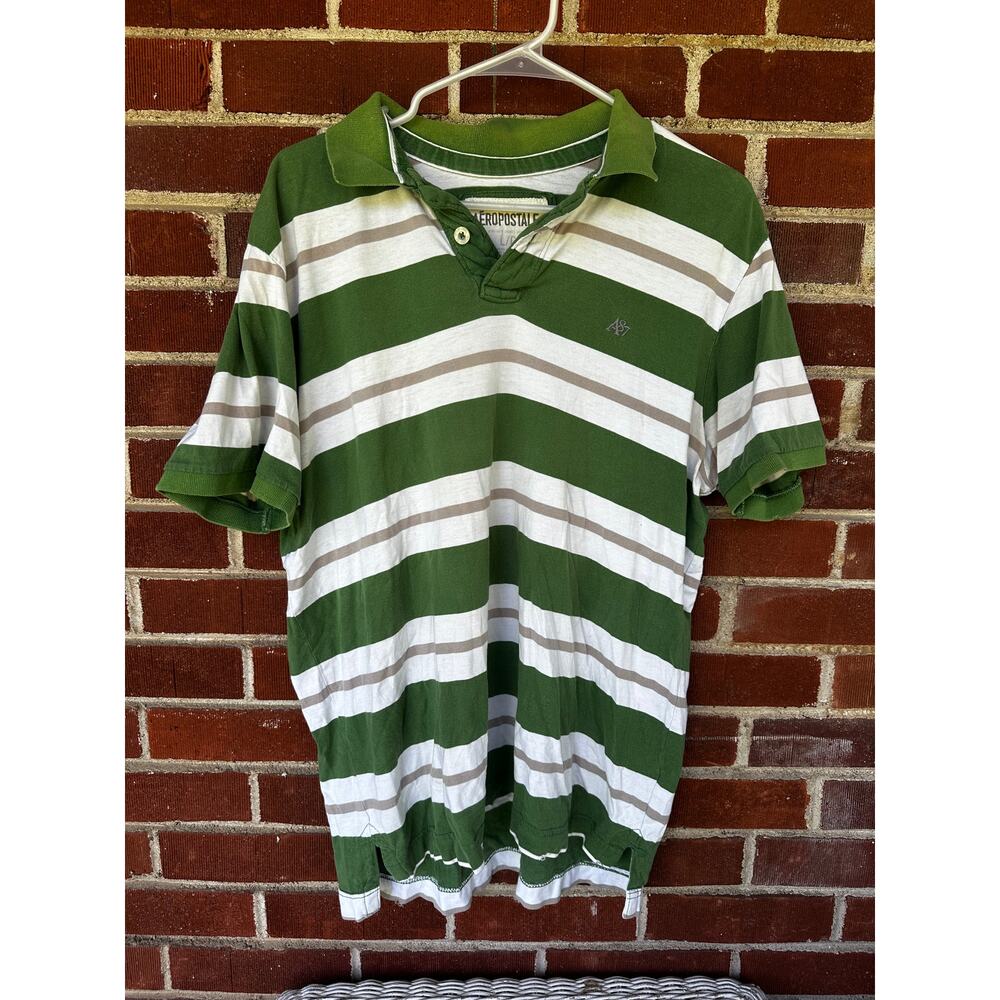 Aeropostale Green White Striped Polo Shirt Y2K Casual Rugby Style